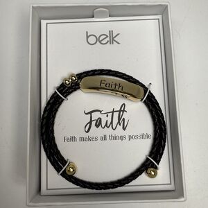 Belk FAITH Metal Bar Double Wrap Braided Black Leather Adjustable Bracelet New